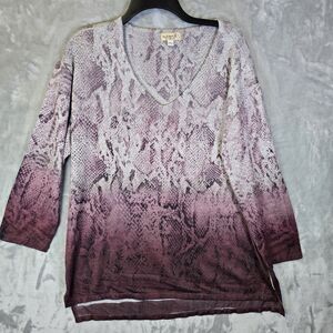 One World Womens Shirt Tunic Large Purple Snake Skin Print *small snag